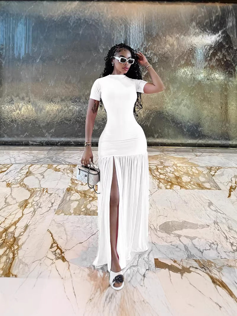 2025 European and American Style Cross-Border Foreign Trade Women's Skirt Fashionable Elegant Round Neck Slim Slit Splicing Dress Women's Summer