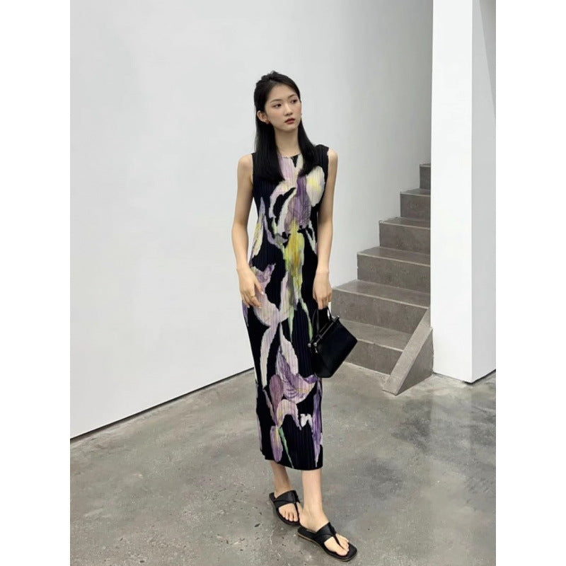 Miyake Dress, Pleated Skirt, Loose and Slimming Look, Ladylike Elegant, Sleeveless Round Neck, High-End Dress, Long Skirt