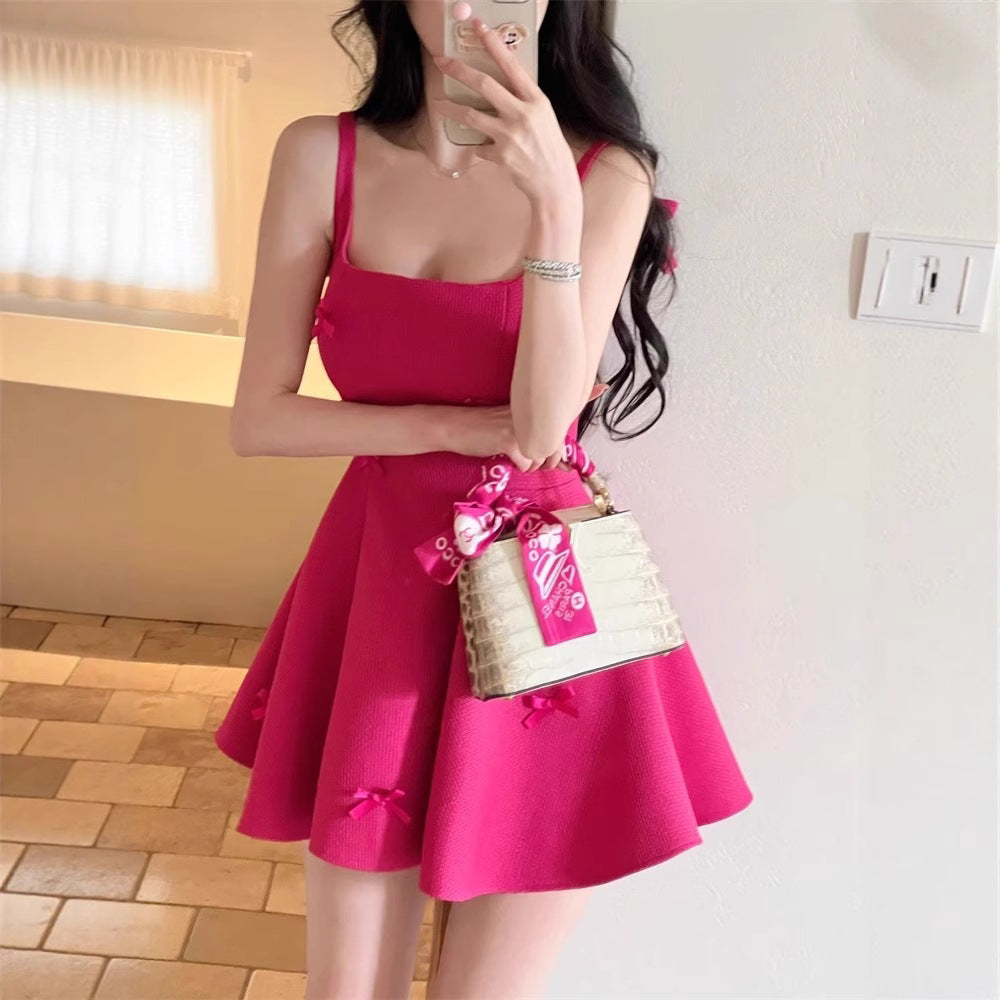 French-Style Elegant Dress for Petite Women, High-End Exquisite Princess Bow Dress with Spaghetti Straps