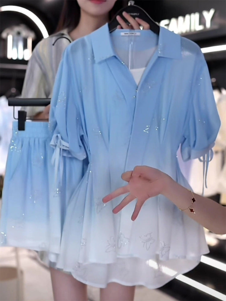 Enchanted French Gradient Waist Shirt: Elegant Disney-Inspired Summer Fashion for Women
