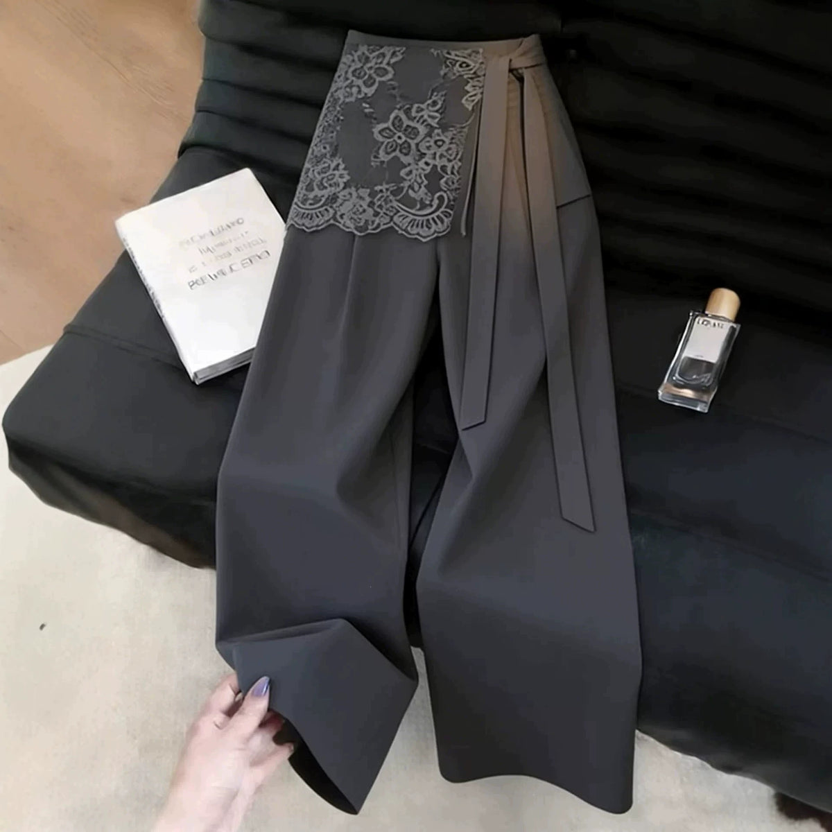 Gray Faux Two-Piece Lace-Trimmed Suit Pants for Women, 2026 Summer Trendy New Korean Style High-End Wide-Leg Pants