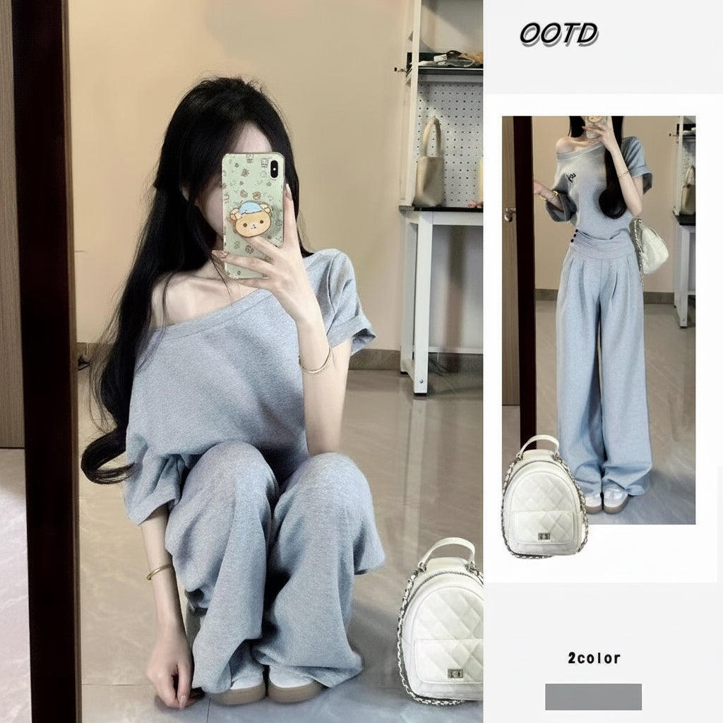 2026 New Korean-Style Gray Casual Sports Suit for Women, Summer Short Waist-Cinching Off-Shoulder Top and Wide-Leg Pants Two-Piece Set