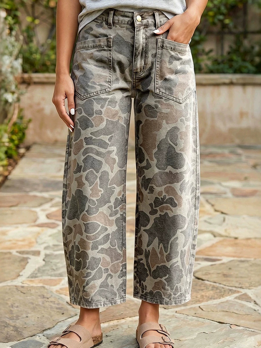 2026 Fall New High-Waisted Straight-Leg Pants for Women, European and American Style, Unique Trendy Camouflage Print Loose Jeans for Women
