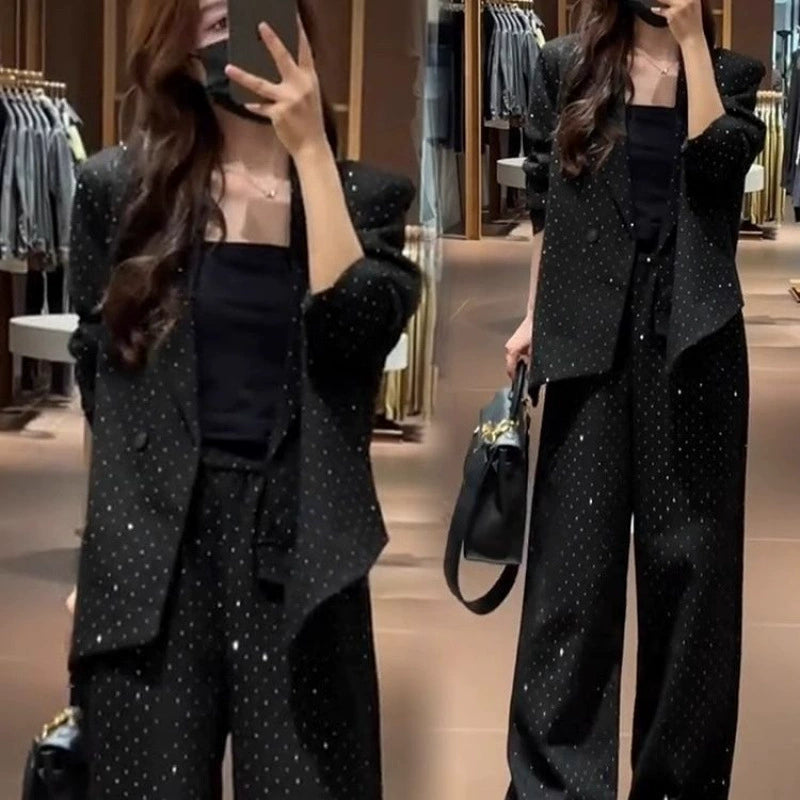 Fashionable Women's Autumn New Style Chanel-Inspired Slim-Fit Blazer and Wide-Leg Pants Two-Piece Set in Black