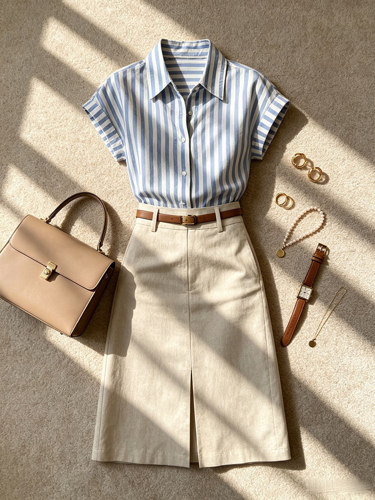 French-Style Striped Shirt and Skirt Set for Women, 2026 Summer New Style, Petite Commuter Professional Outfit Two-Piece Set