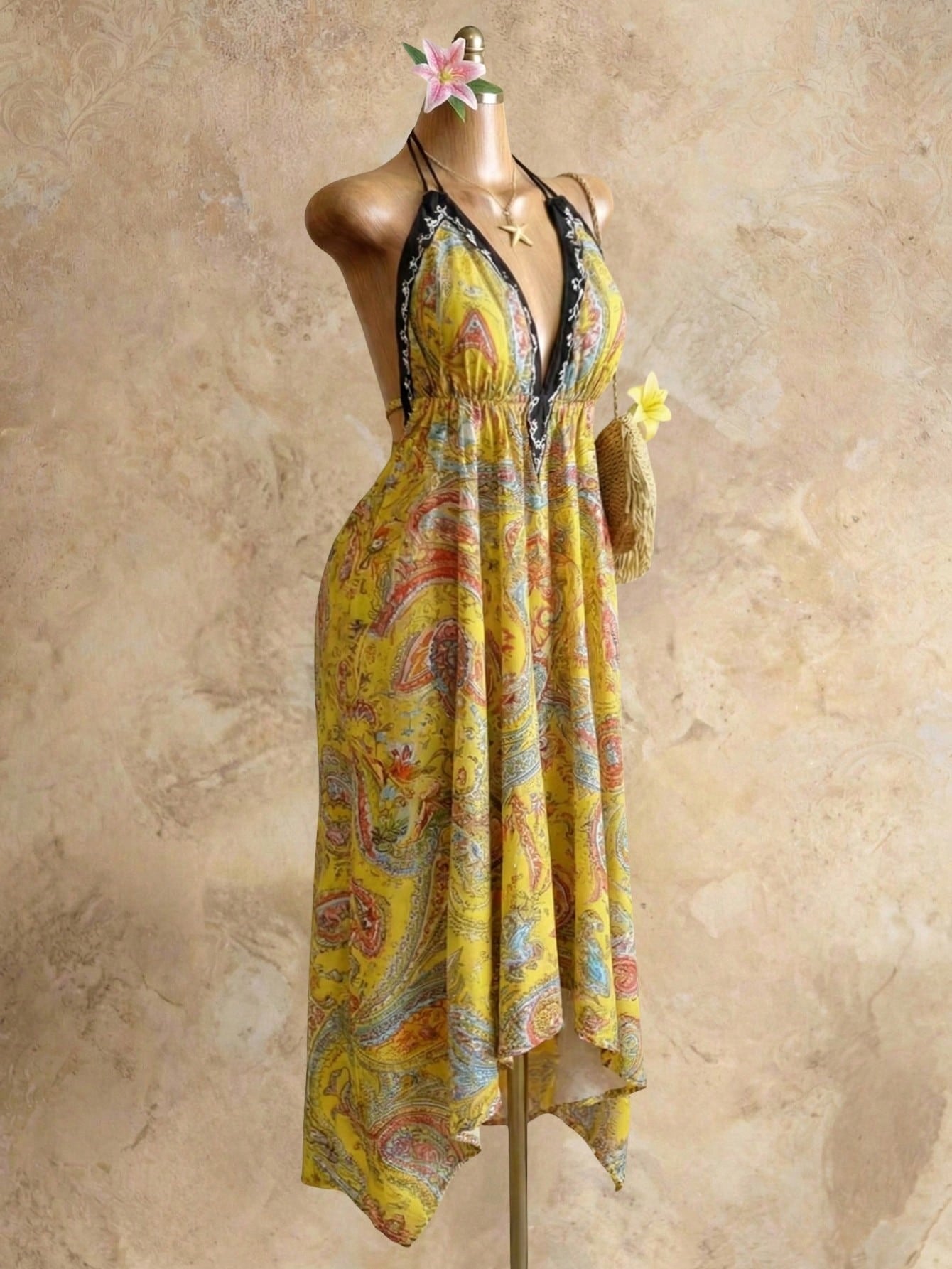Retro Bohemian Style Suspender Deep V-Neck Long Dress High-Waisted Printed Summer Seaside Backless Dress Sexy