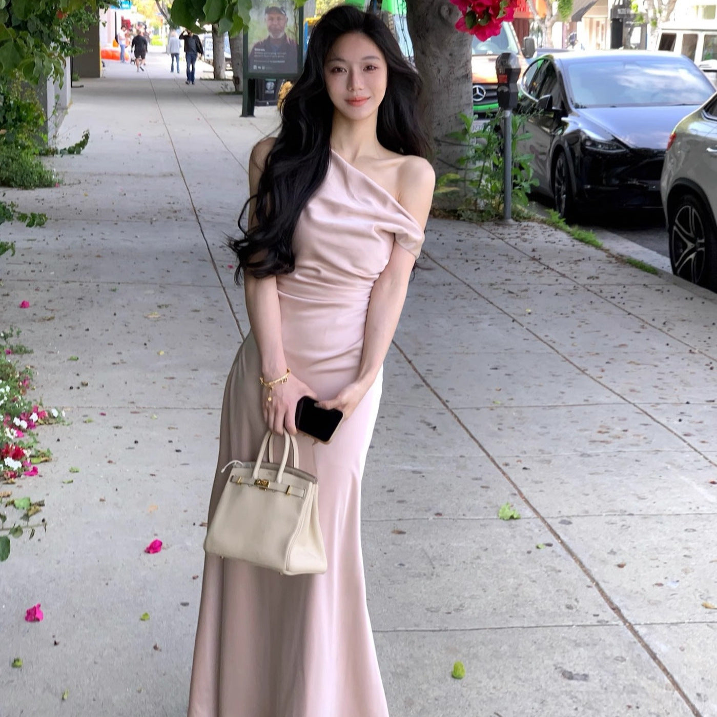 French-Style Elegant Satin Dress 2026 New Summer High-End Off-Shoulder Draped Collar Gown Mermaid Dress for Women