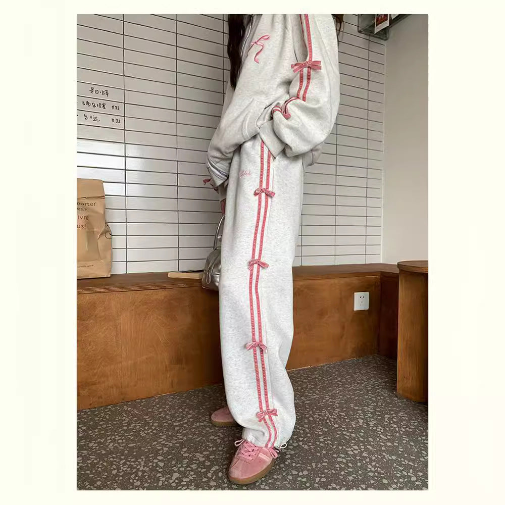 Hua Mian Academy Style Early Spring Wear Set 2024 New Bow Sports Casual Sweatshirt Coat Women's Straight Pants