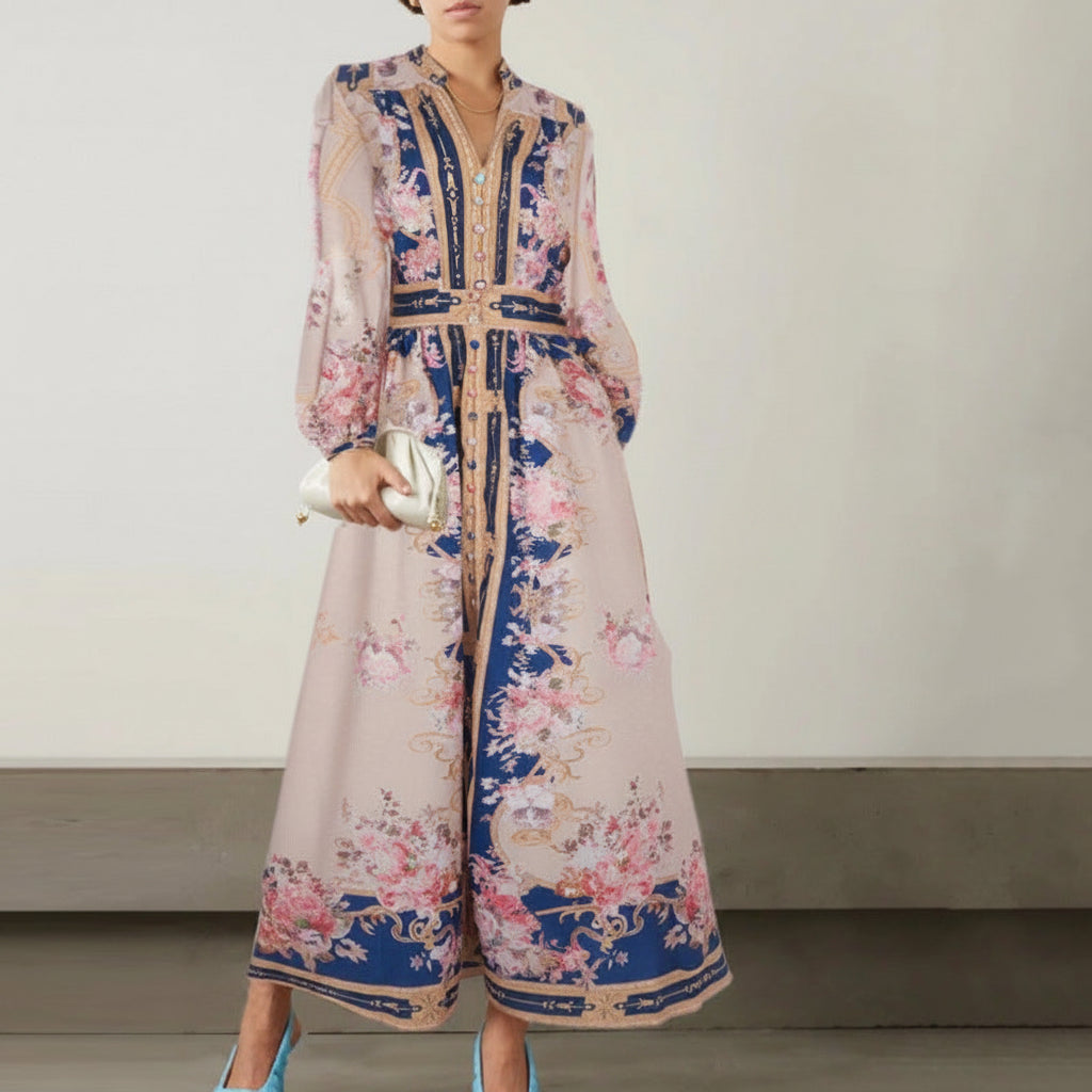 Enchanted 2025 Floral Lantern Sleeve Stand-Up Collar Holiday Midi Dress