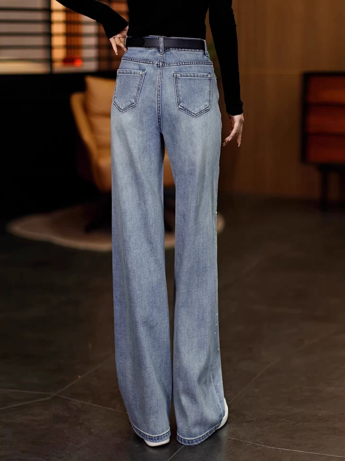 Rhinestone Wide-Leg Jeans for Women, Spring 2026 New Design, Trendy High-Waisted Loose Narrow-Cut Drape Straight Pants