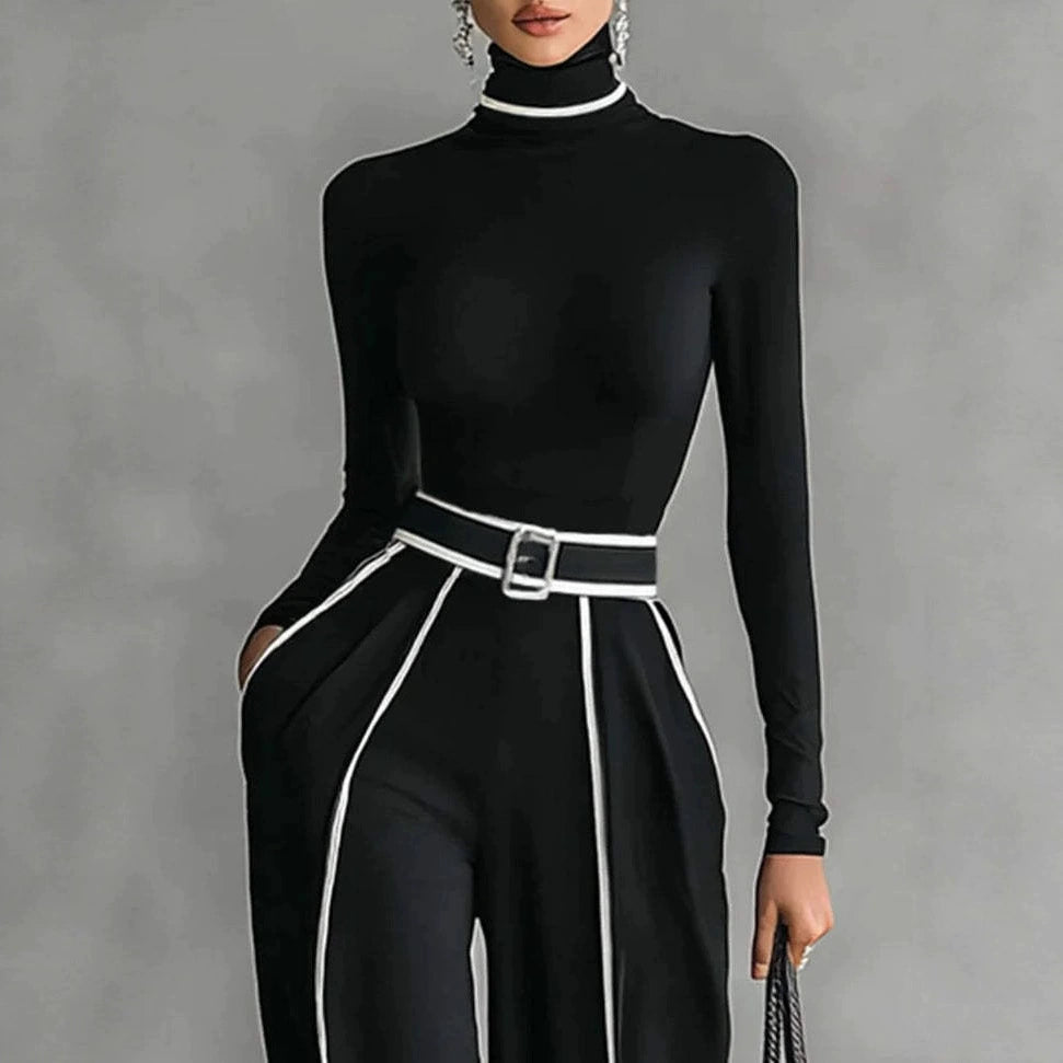 2025 New Autumn and Winter Elegant Stand-Up Collar Contrasting Color Hemming Waist Slimming Look Long-Sleeved Knitted + Wide-Leg Pants Two-Piece Set