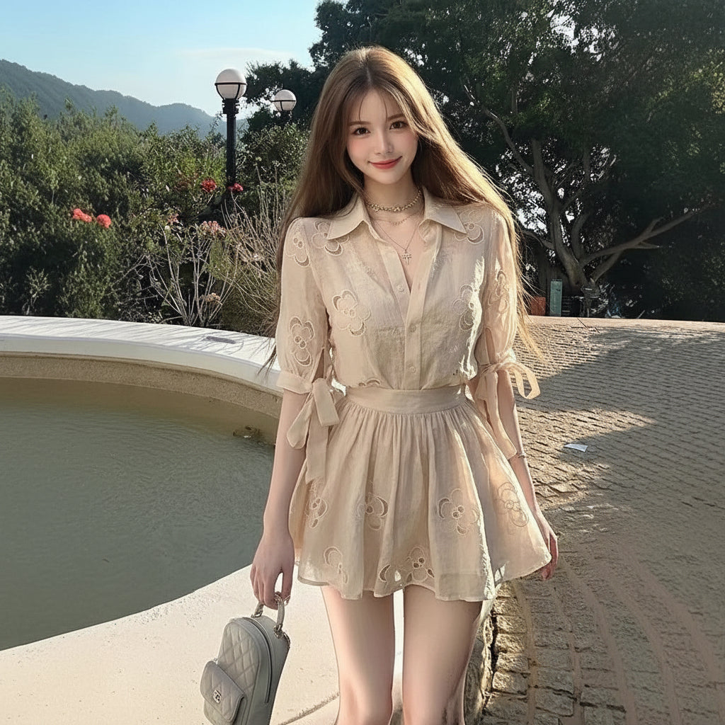 French-Style Gentle and Elegant Women's Outfit, 2026 Spring/Summer New Jacquard Shirt and Skirt Two-Piece Set with a Sense of Design