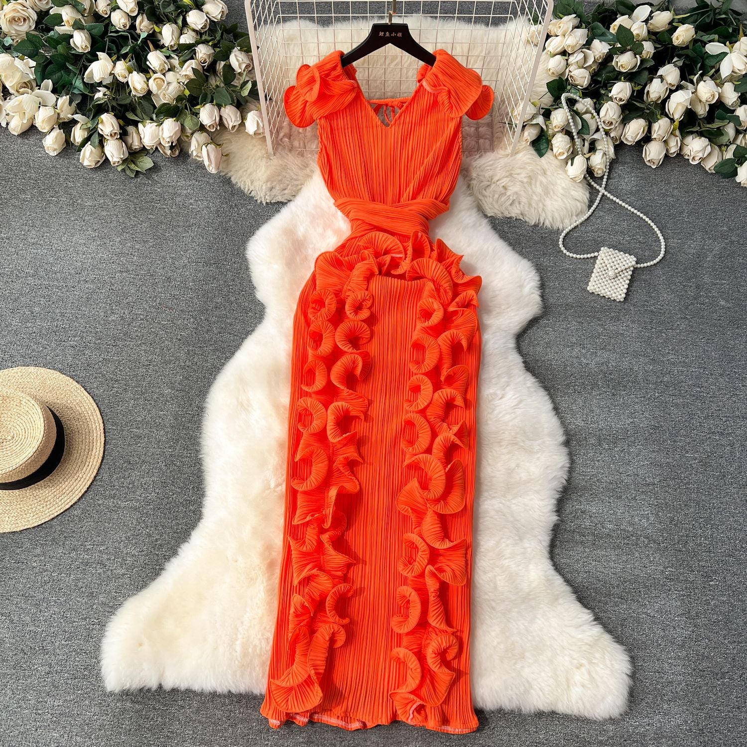 Banquet Classy Dress Classy Accessible Luxury Niche Pleated Stereo Ruffle Slim Long Elegant Dress for Women