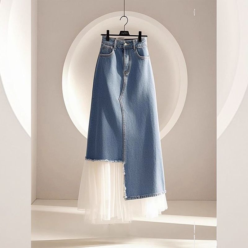 Early Spring French-Style Elegant Long-Sleeve Top with Denim Patchwork High-Waisted Hip-Covering Skirt Set New Arrival