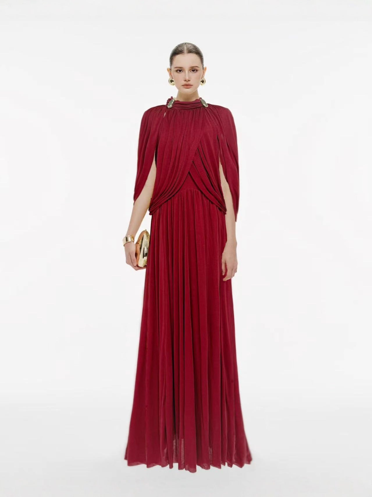 European and American Foreign Trade Cross-Border 2025 Autumn New Style Stand Collar Elegant Solid Color Pleated Knit Long Dress