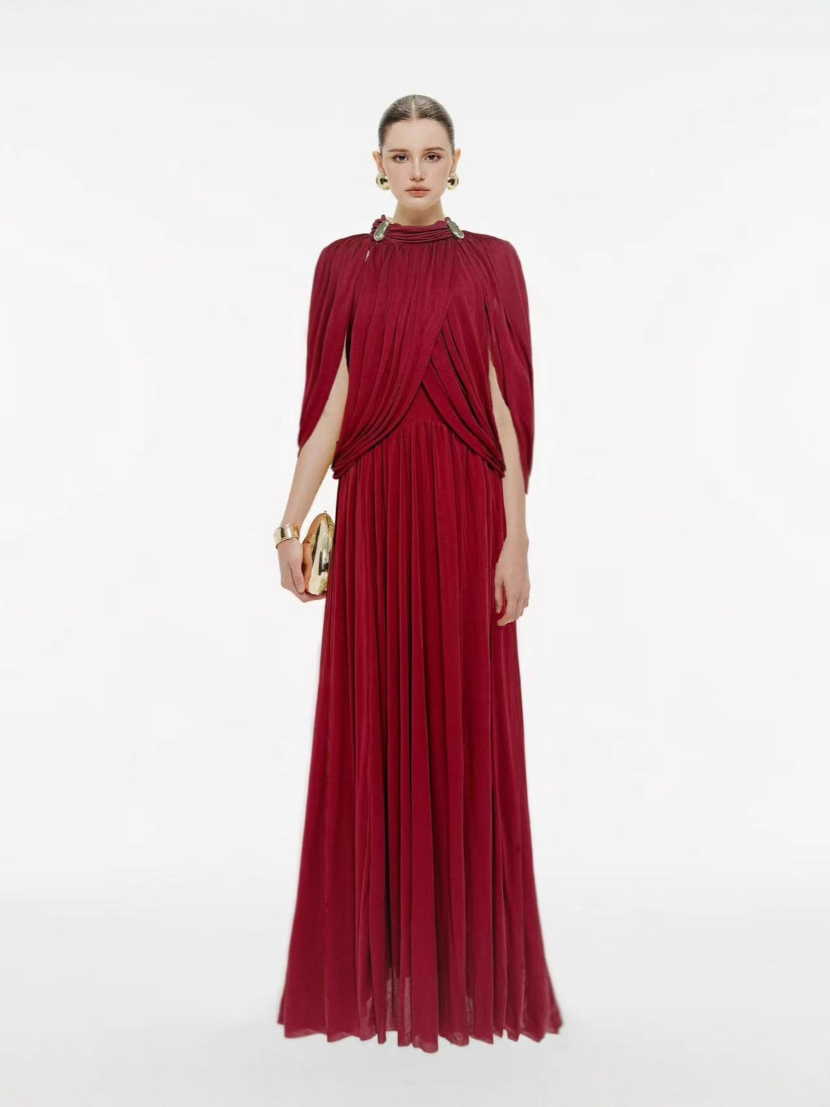 European and American Foreign Trade Cross-Border 2025 Autumn New Style Stand Collar Elegant Solid Color Pleated Knit Long Dress