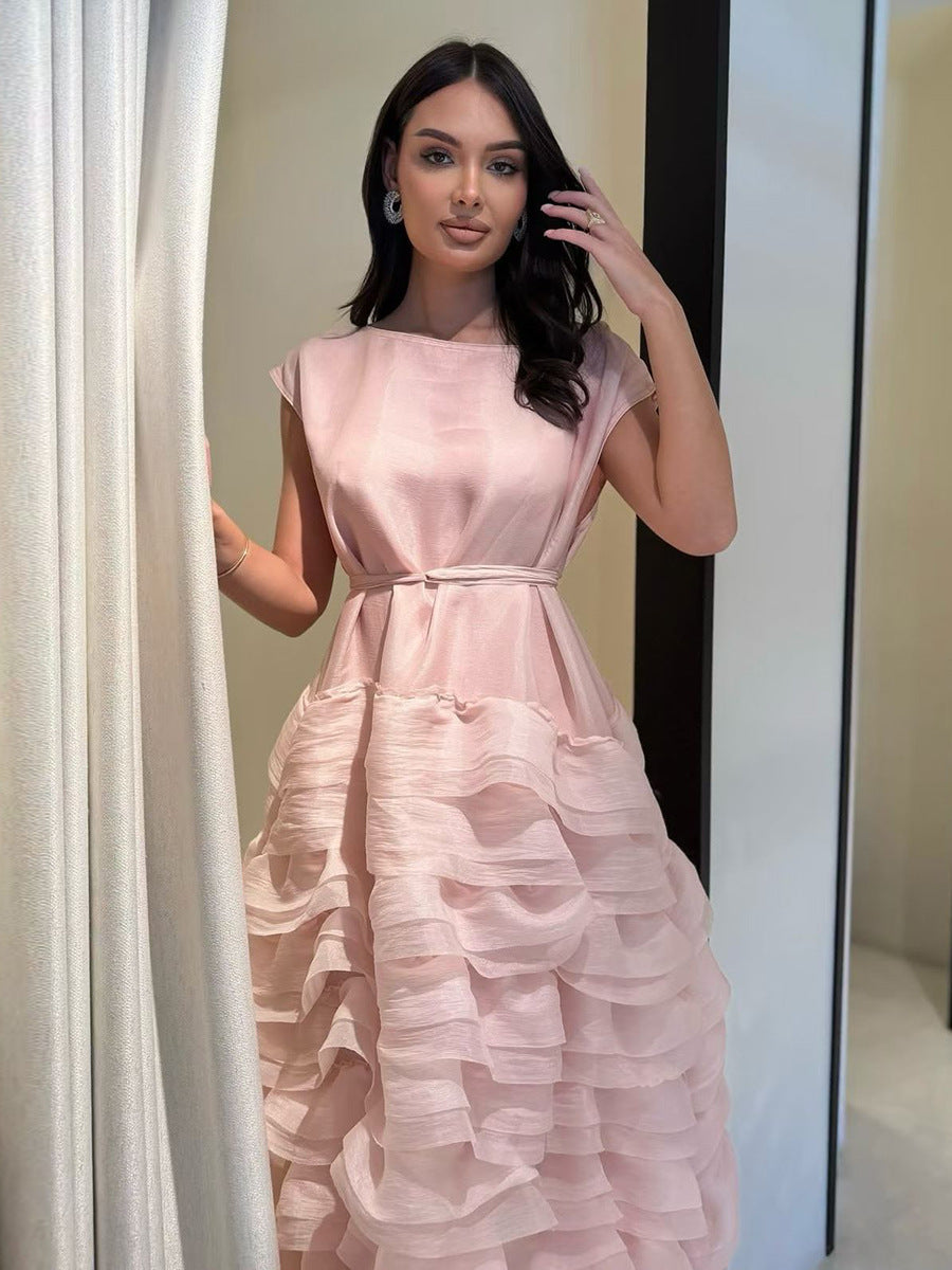 Fresh and Sweet Style Dress 2025 New Classic Round Neck Short-Sleeve Waist-Cinching Slimming Multi-Layer Ruffle Long Dress