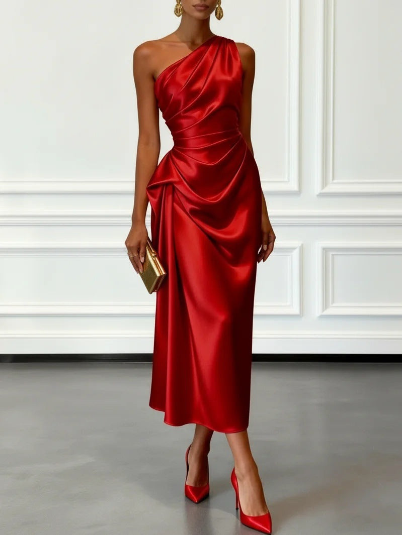 Enchanted Elegance: Women's One-Shoulder Ruched Slim-Fit Formal Gown
