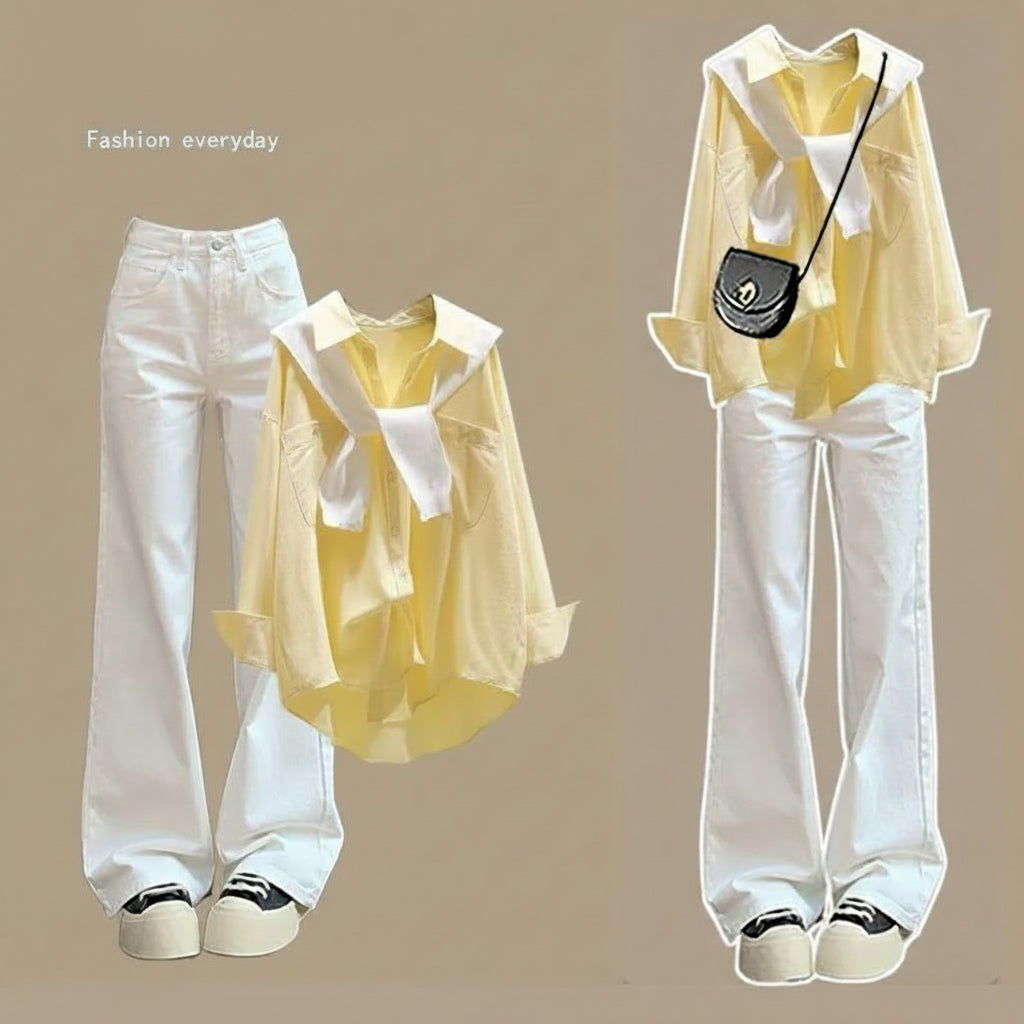 plus size women's autumn suit women's 2024 new fashion age-reducing shirt shawl waist jeans three-piece set