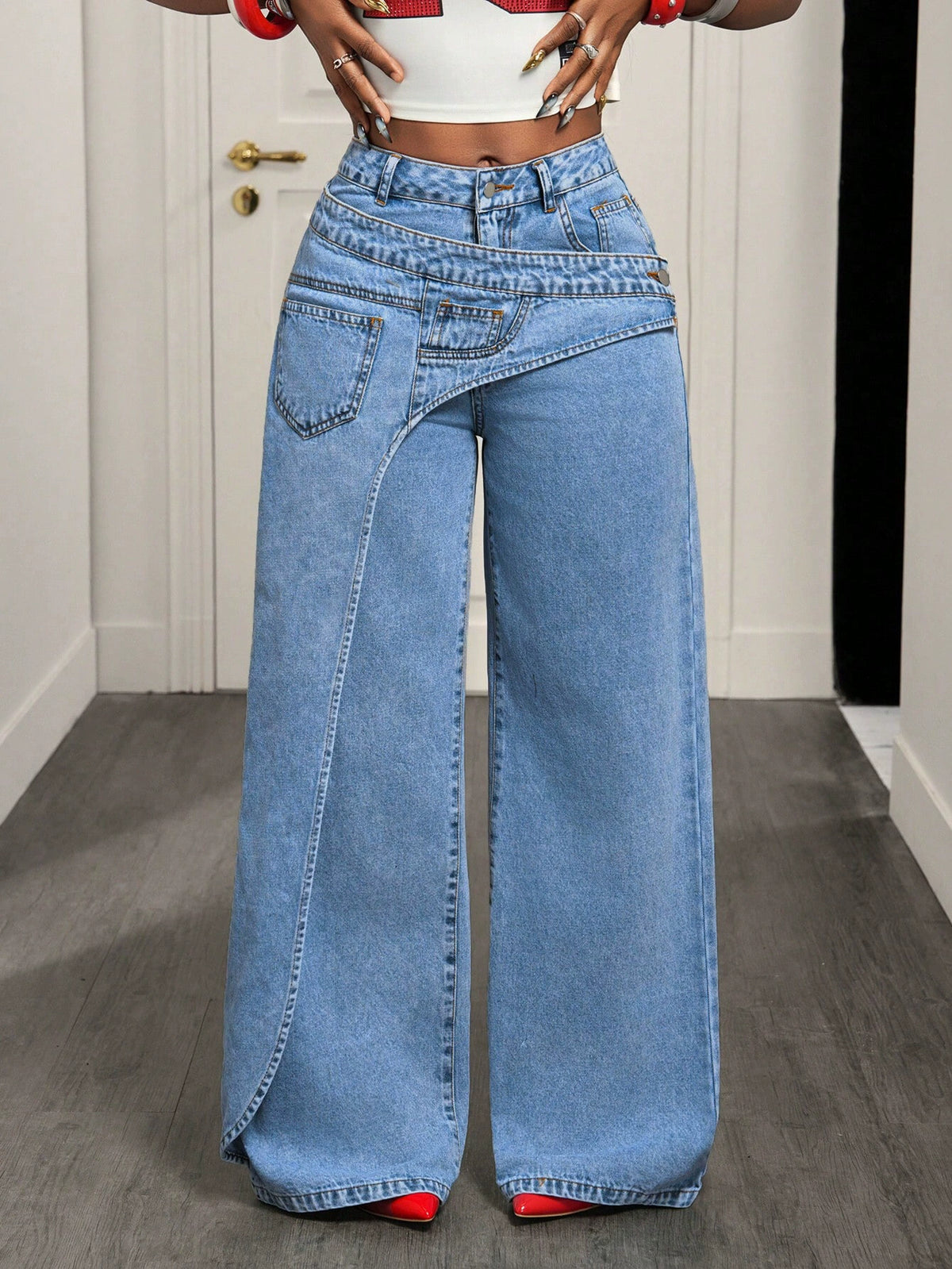X-Spot Goods-66537 # Amazon Cross-Border European and American Versatile Casual Irregular Women's Wide-Leg Jeans Long Pants