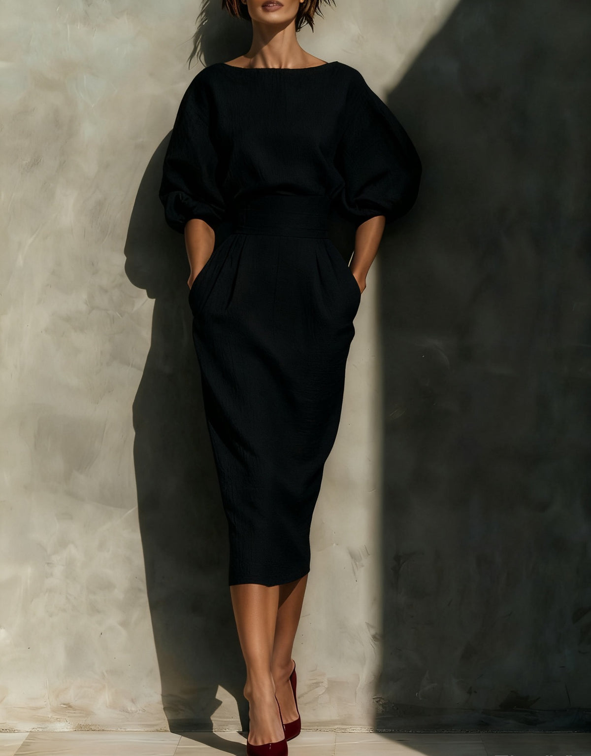 Spring and Autumn Style Women's Elegant Boat-Neck A-Line Dress with Puff-Sleeve Top and High-Waisted Pleated Skirt, Showcasing a Vintage Look