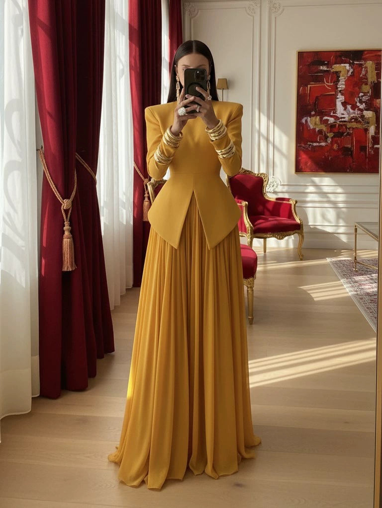 2026 New European and American Style Long-Sleeved Evening Dress for Women, High-End Slim-Fitting Suit Top, Chiffon Long Skirt Suit