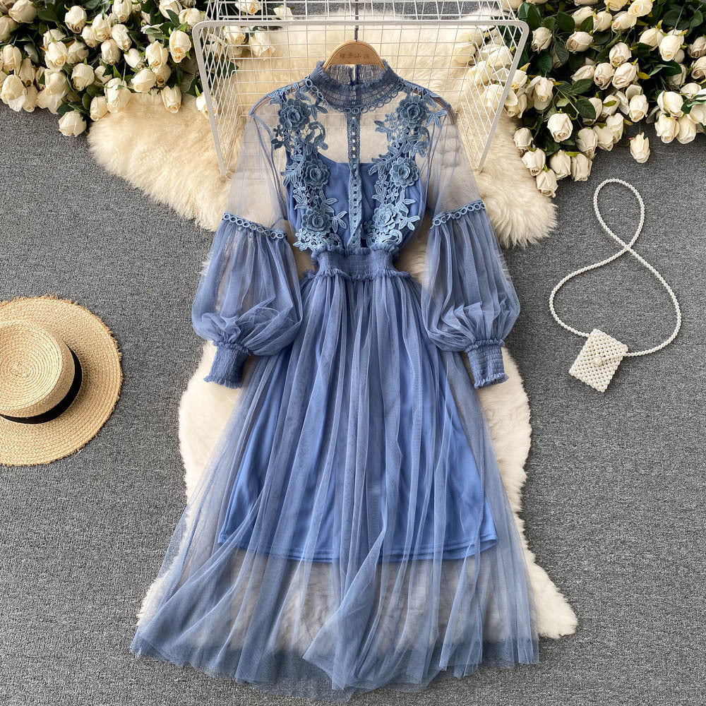 Lace Floral Mesh Skirt with Elegant Stand-Up Collar, Lantern Sleeves, High Waist, Slimming Spaghetti Strap Two-Piece Dress Set with a High-End Feel
