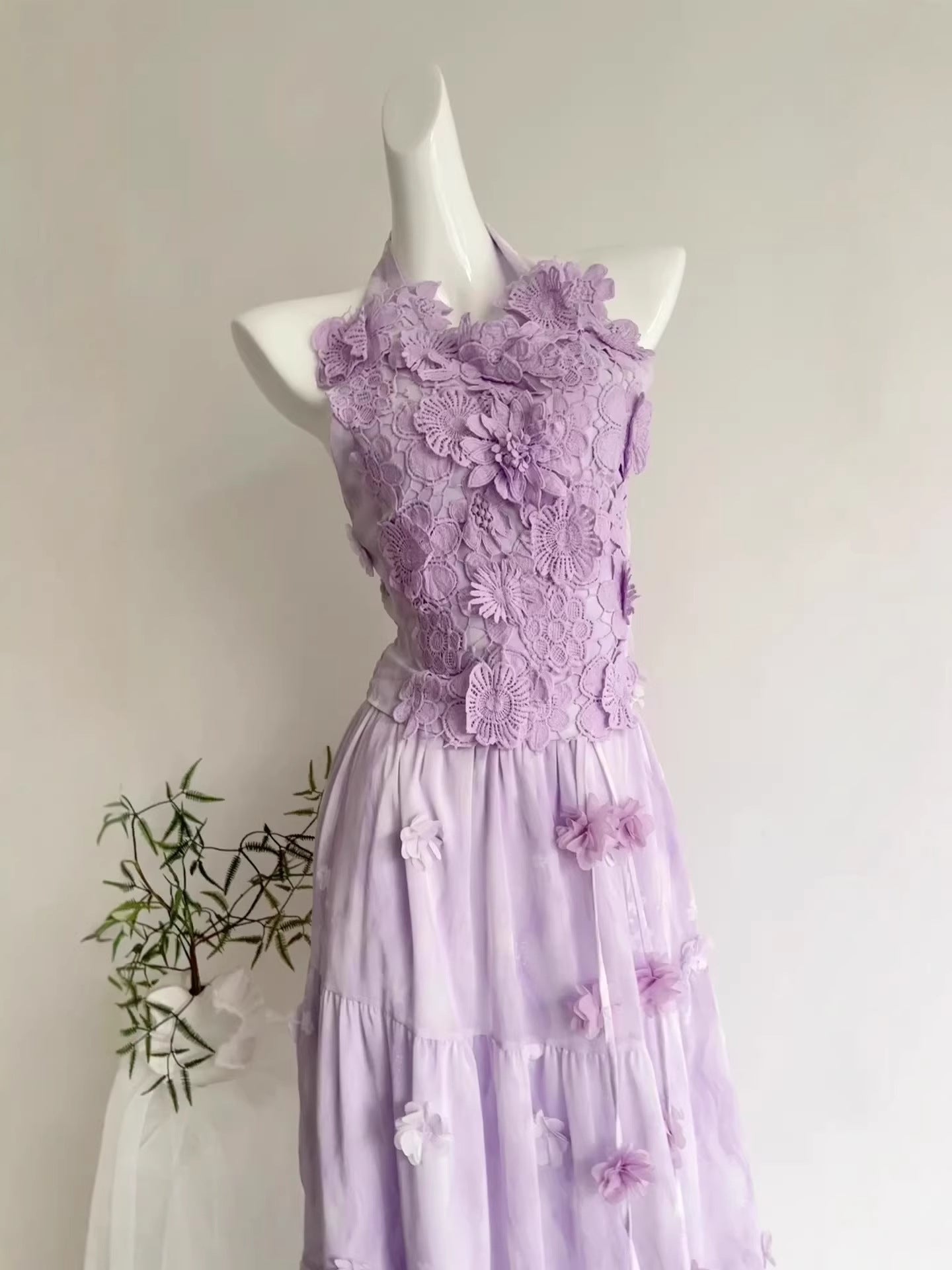 "Xinxing" Summer Slightly Tipsy Rosemary Purple Gradient Three-Dimensional Floral Lace Halter Top and Skirt Two-Piece Set