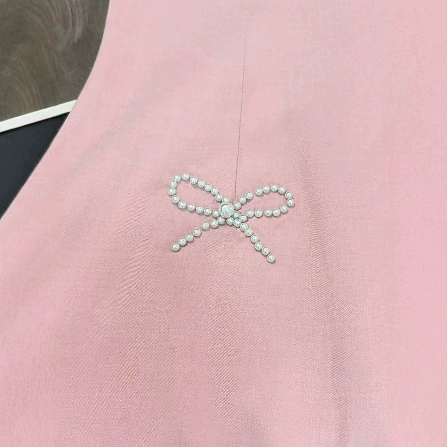 2026 European and American New Style Satin Square Neck Strap Short Dress with Handmade Pearl Bow Decoration Slim Fit Bodycon Dress