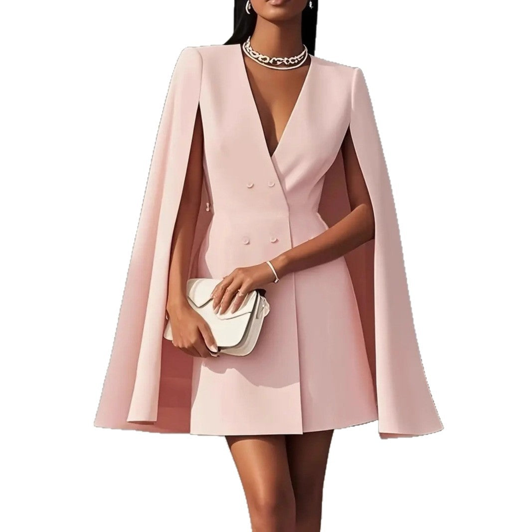 2026 European and American Cross-Border Foreign Trade Women's Clothing Autumn Double-Breasted Shawl Cape Solid Color Suit Dress for Women