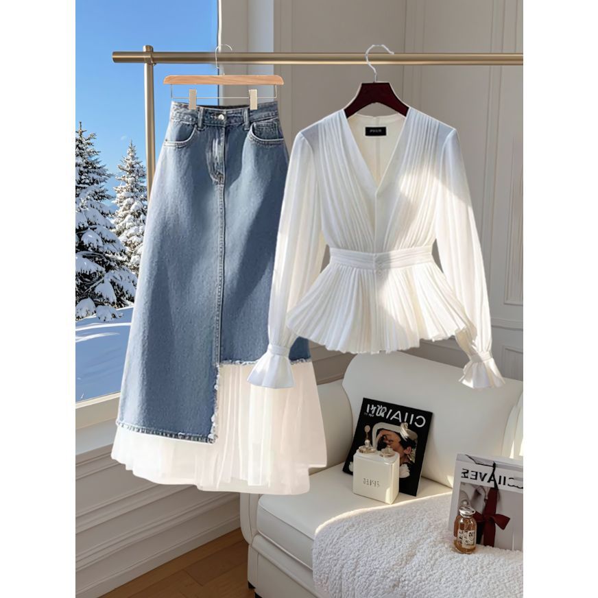 Early Spring French-Style Elegant Long-Sleeve Top with Denim Patchwork High-Waisted Hip-Covering Skirt Set New Arrival