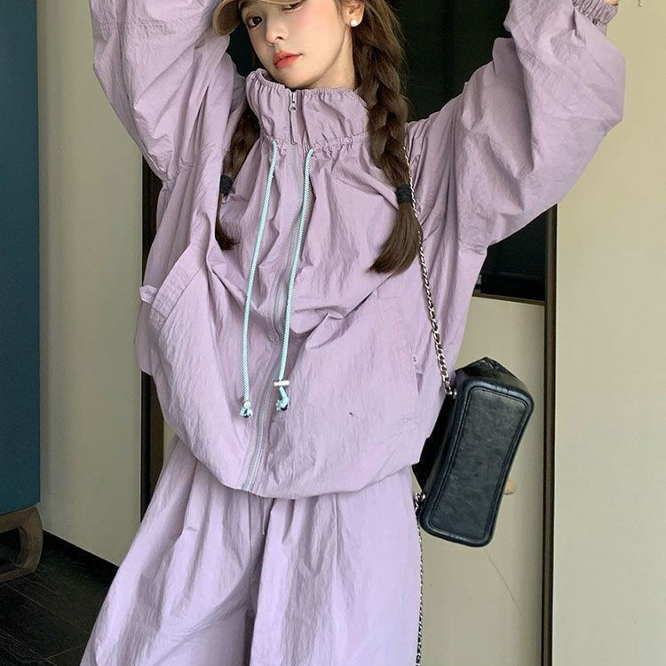 Fashionable and Stylish Sports Suit for Women, Summer Purple Lazy Style Sun Protection Jacket, Jacket and Trousers, Casual Two-Piece Set
