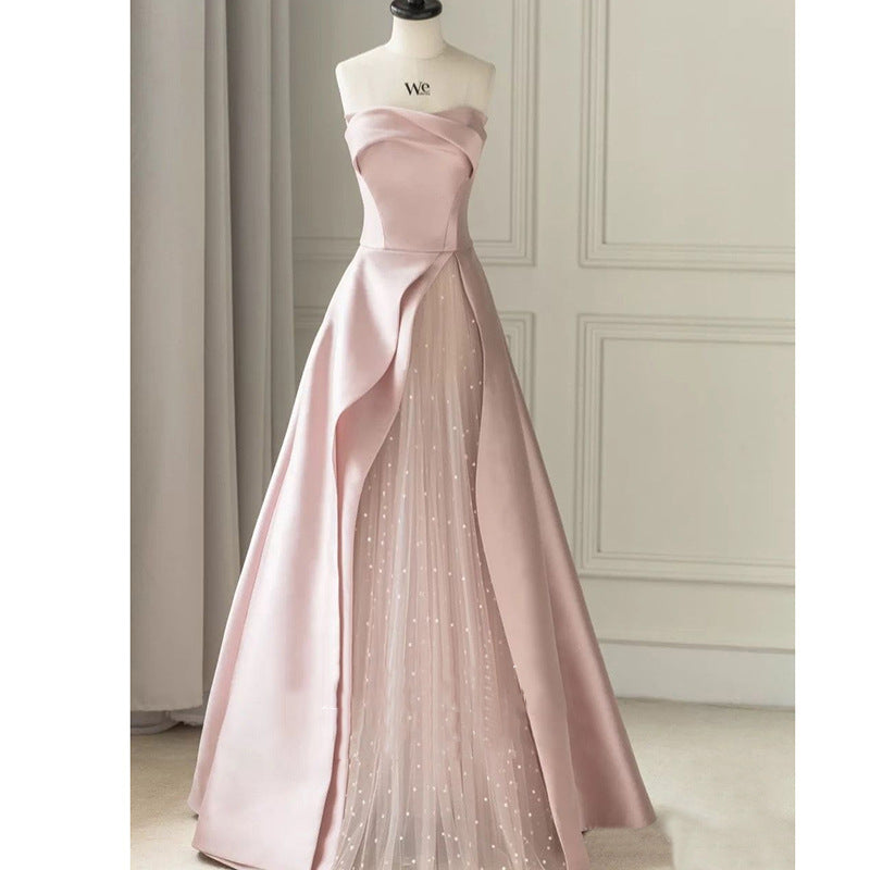 Pink Strapless Evening Dress 2026 Spring and Autumn New Style Engagement Party Toast Dress Birthday Party Host Evening Dress