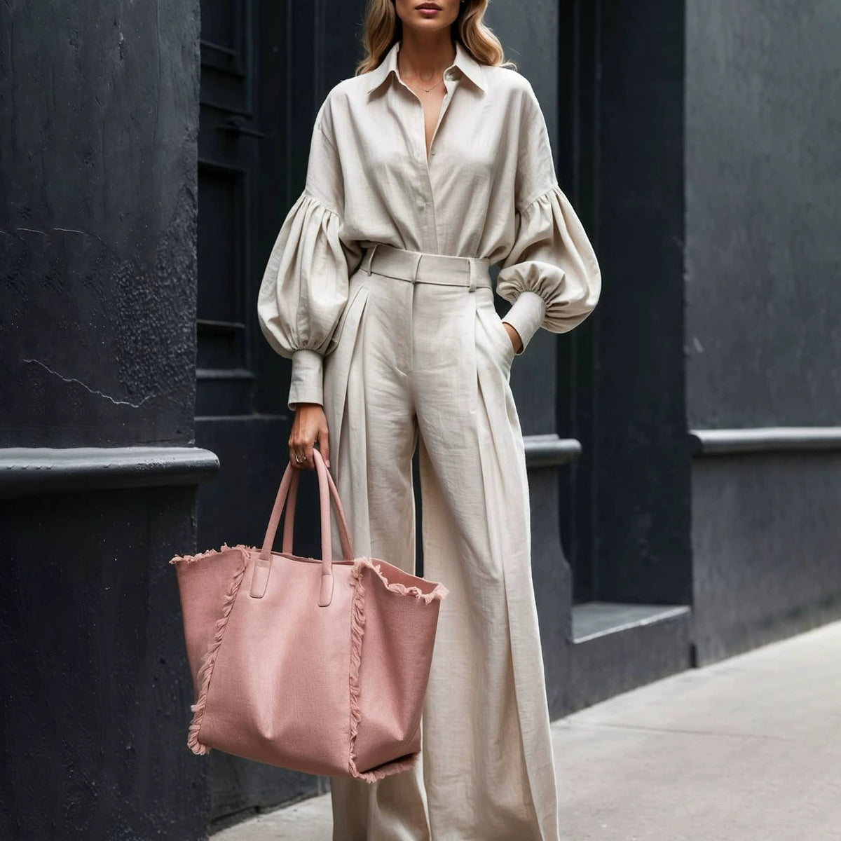 Fd2205 In-Stock 2025 Autumn New Cross-Border Solid Color Long Sleeve Shirt Wide-Leg Pants Fashion Cotton Linen Two-Piece Set