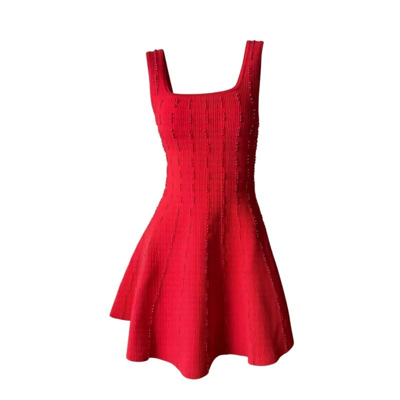 2026 Summer New Style French Women's Fashion Pearl Vertical Texture Waist-Cinching A-Line Skirt Strap Dress