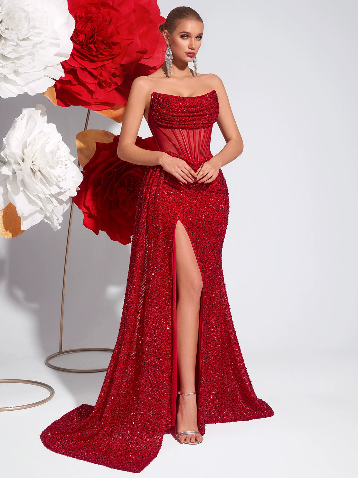 New Sequined Tube Top Slimming Look Evening Dress High Slit Model Catwalk Banquet Accessible Luxury Party Dress