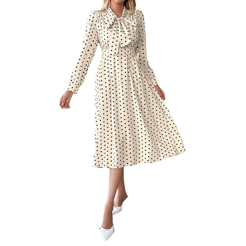 【Bai Fen Zhi Yi】Temu Cross-Border 2025 Autumn New Vintage Style Bow Collar Long Sleeve Polka Dot Dress