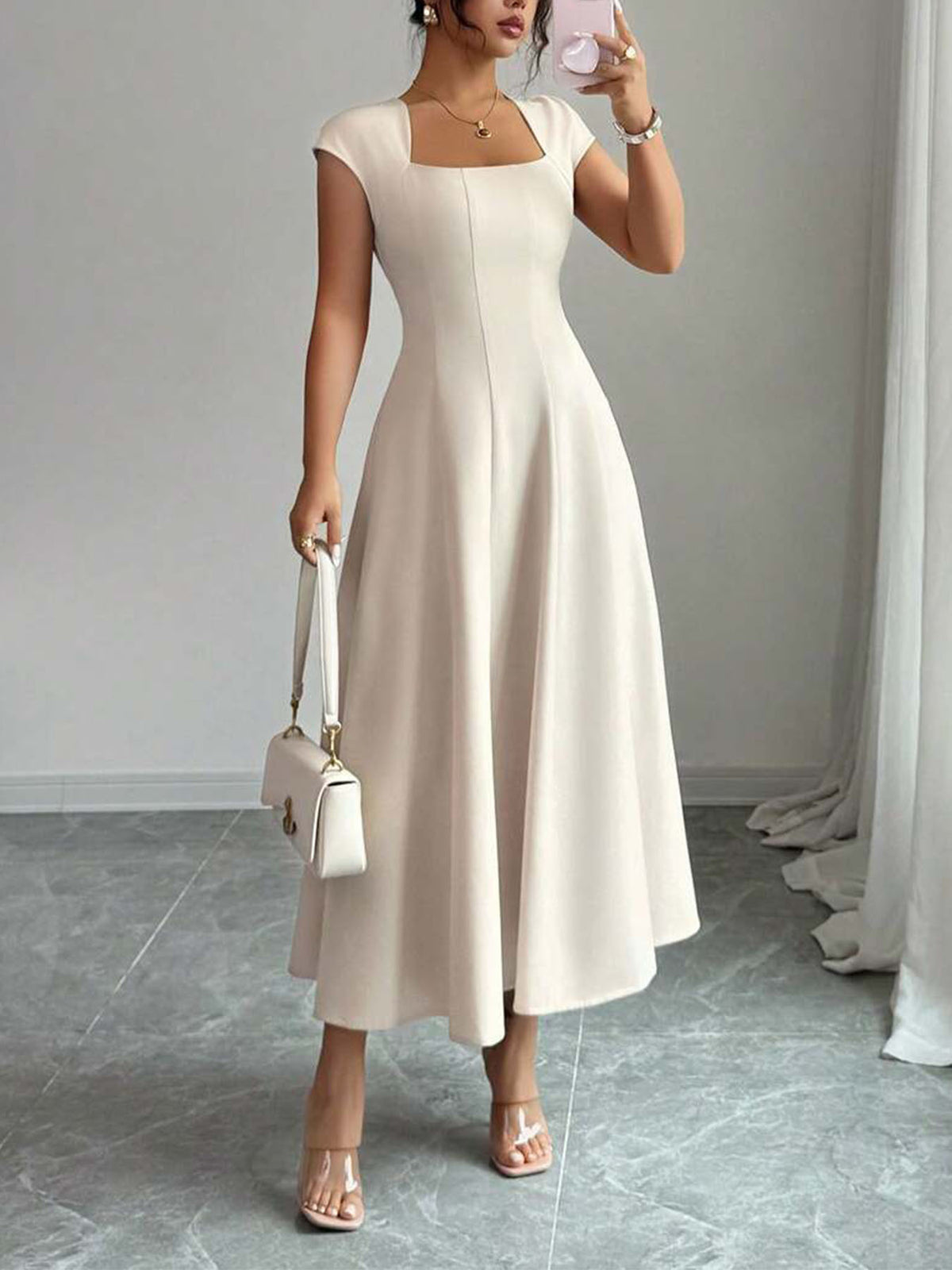 Elegant Square Neck Short-Sleeve Long Dress