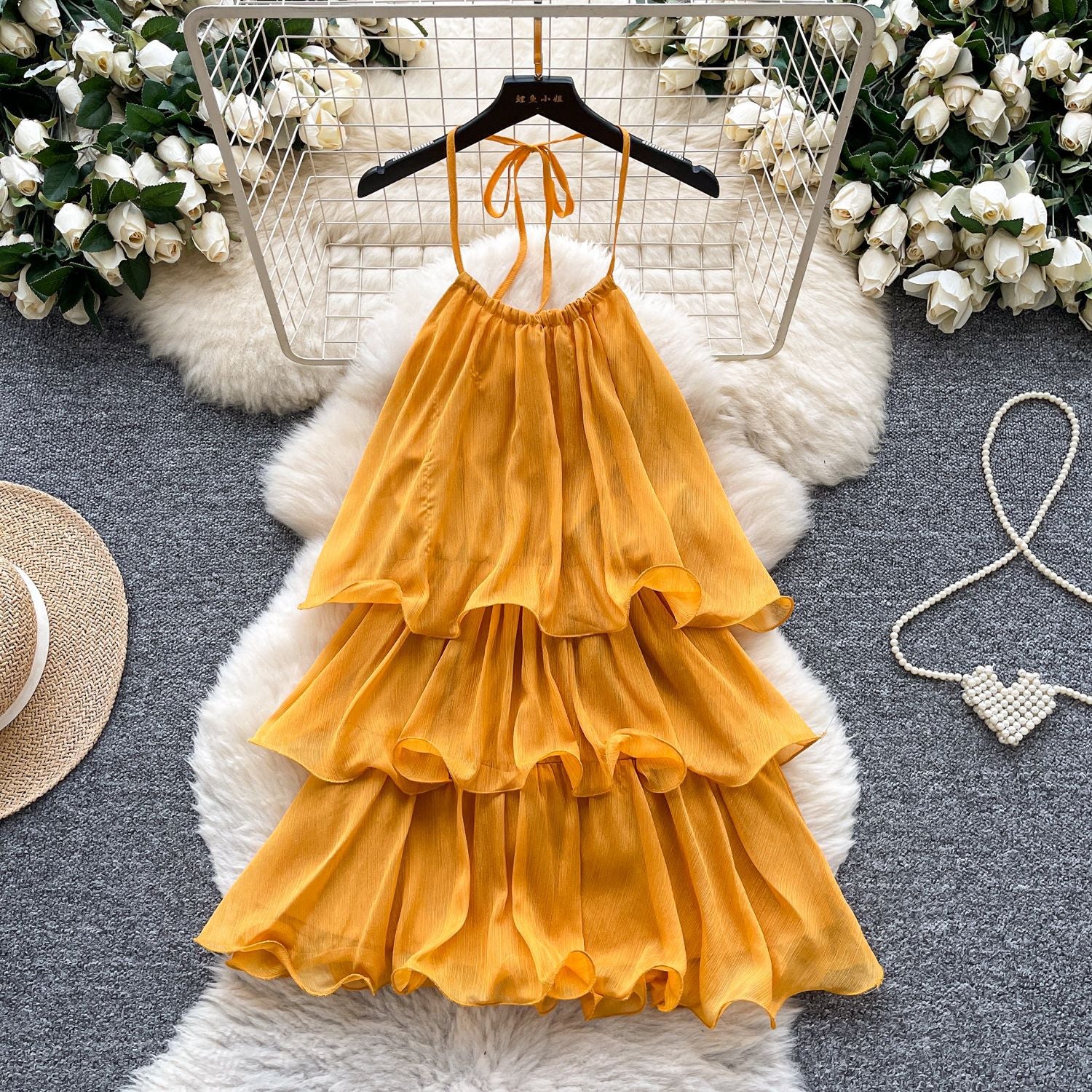 Yellow Dress for Women 2025 Summer French Atmosphere Halterneck Suspender Ruffle Stitching Cake Holiday Skirt
