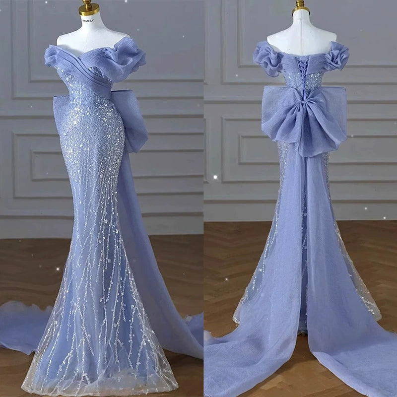 off-shoulder blue evening gown high-end light luxury niche fishtail sequins annual meeting host high-end sense tail vocal music