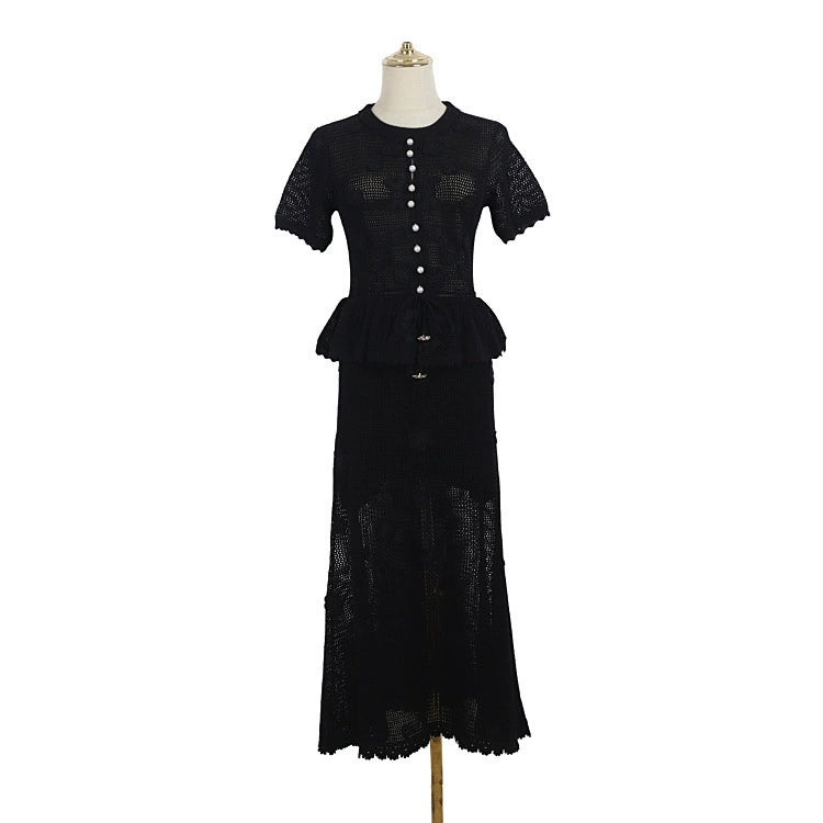 Hollow Knit Two-Piece Look Dress for Women, Summer Crochet Floral Pearl Button Waist-Cinching Drawstring Pendant Ruffle Mid-Length Dress
