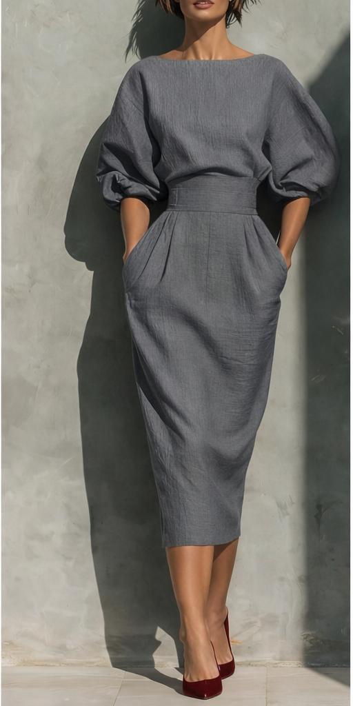 Spring and Autumn Style Women's Elegant Boat-Neck A-Line Dress with Puff-Sleeve Top and High-Waisted Pleated Skirt, Showcasing a Vintage Look