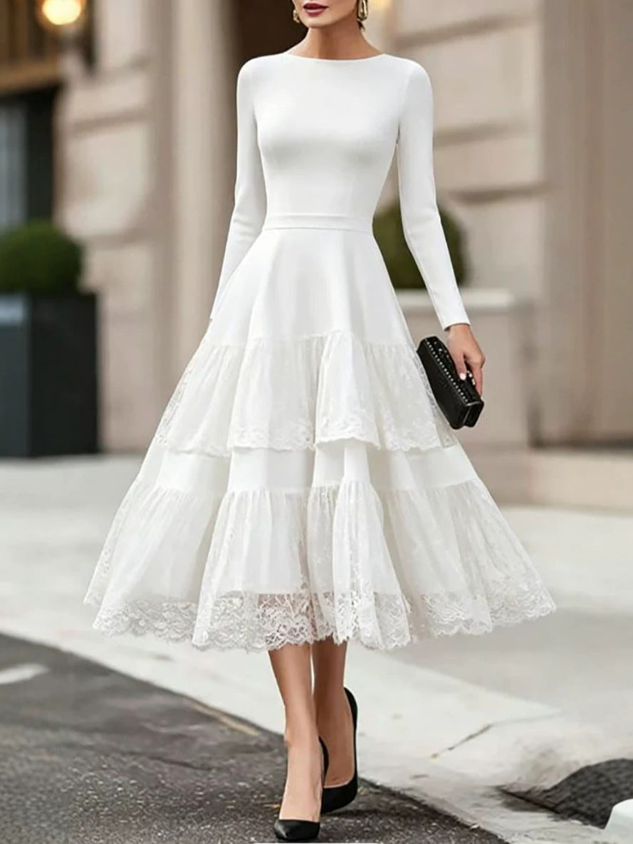 Disney Enchanted 2026 Autumn Collection: Elegant French-Style Mesh Patchwork Long-Sleeve Dress