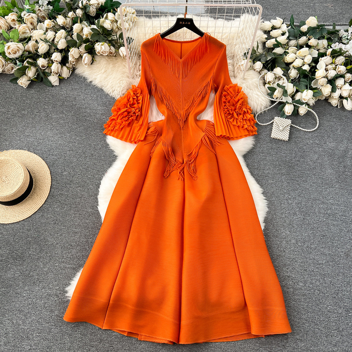 European style court style dress women's design tassel V-neck slim-fit long heavy-duty pleated bell sleeve dress women