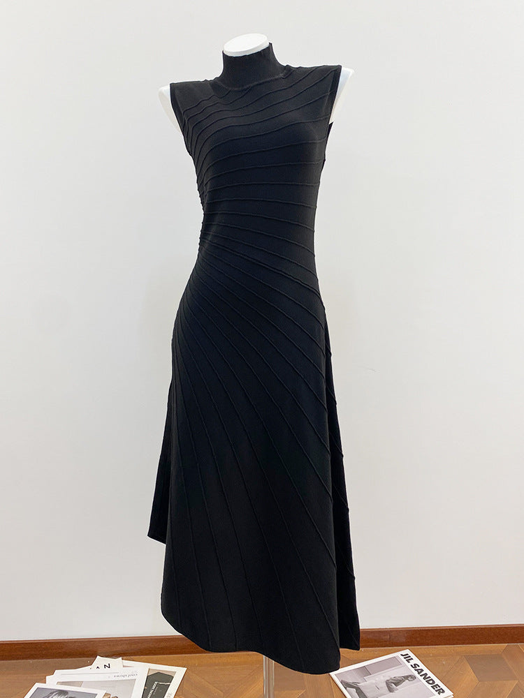 High-End Al Brand Classic Black 2025 Autumn/Winter New French Niche Minimalist Pleated Irregular Dress