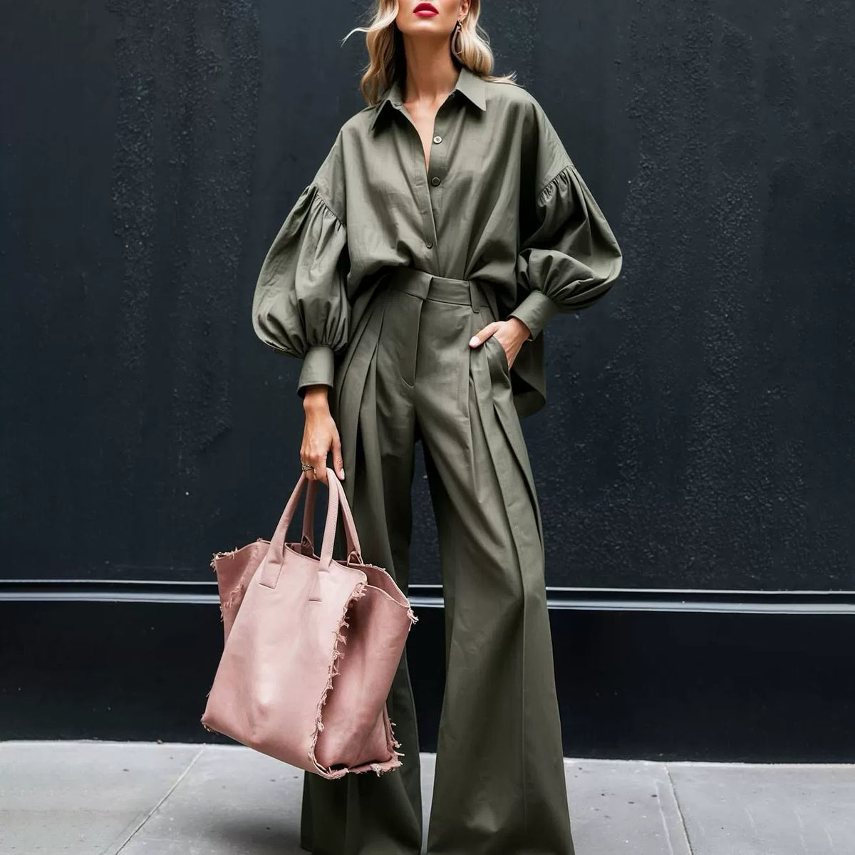 Fd2205 In-Stock 2025 Autumn New Cross-Border Solid Color Long Sleeve Shirt Wide-Leg Pants Fashion Cotton Linen Two-Piece Set
