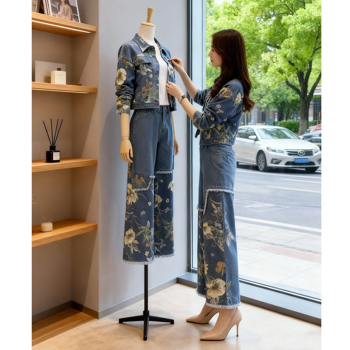 Spring and Autumn Casual Professional Fashion Suit 2025 New Women's Fashionable Slim Denim Wide Leg Pants Two-Piece Set Trendy