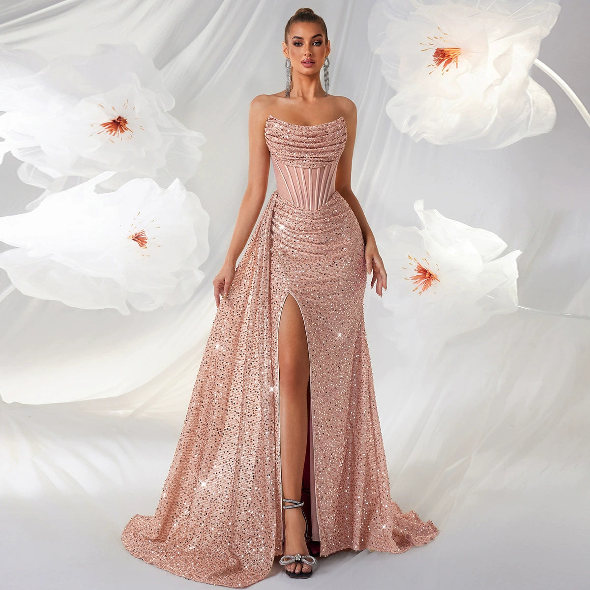 New Sequined Tube Top Slimming Look Evening Dress High Slit Model Catwalk Banquet Accessible Luxury Party Dress