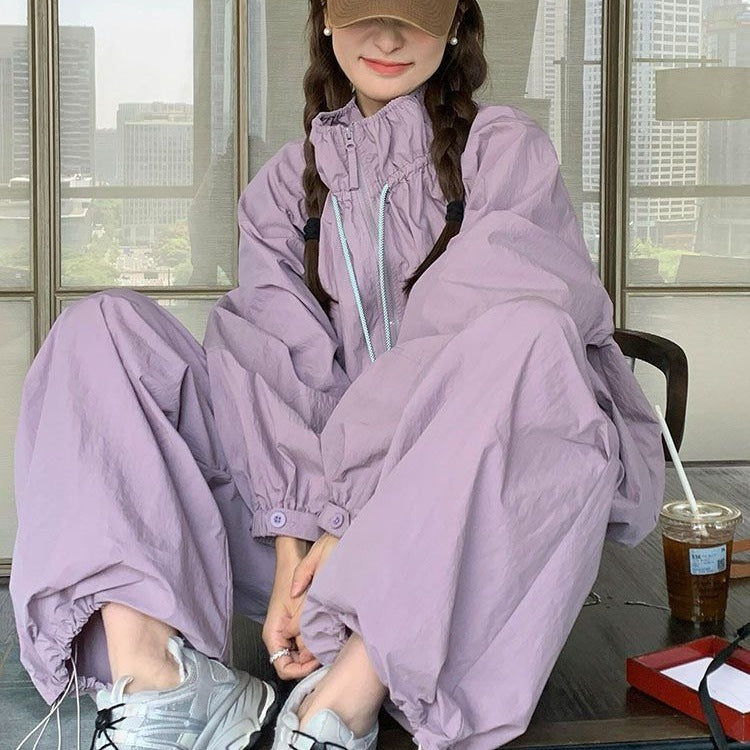 Fashionable and Stylish Sports Suit for Women, Summer Purple Lazy Style Sun Protection Jacket, Jacket and Trousers, Casual Two-Piece Set