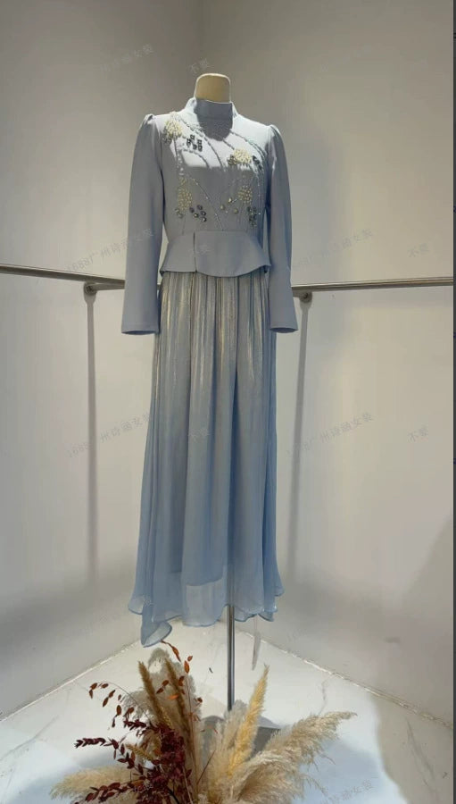 Spring 2026 European and American Amazon Cross-Border Heavy-Duty Rhinestone and Pearl Long-Sleeve Chiffon Dress
